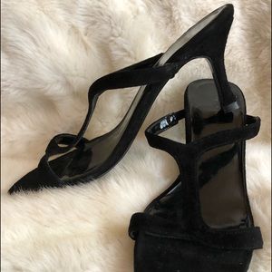Womens slip on black suede heels